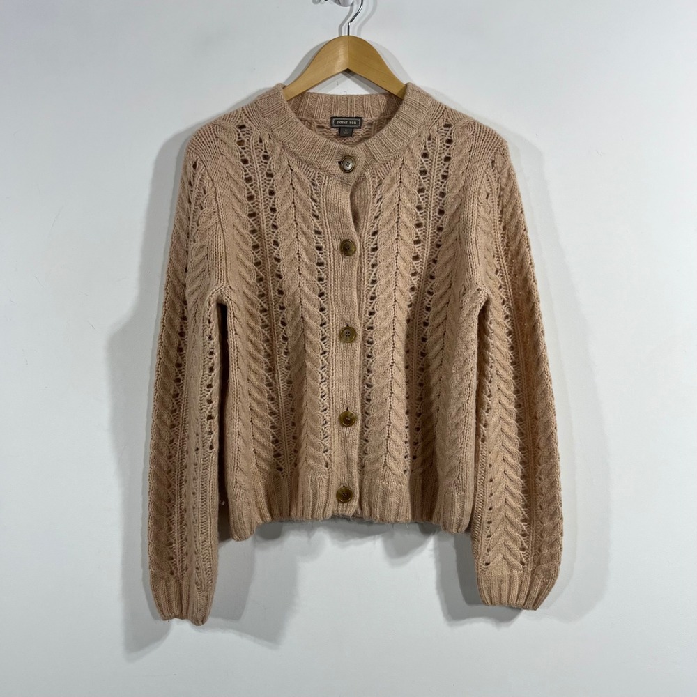 Point Sur Fisherman Chunky Cable Knit Pointelle Mohair Wool Cardigan Sweater L